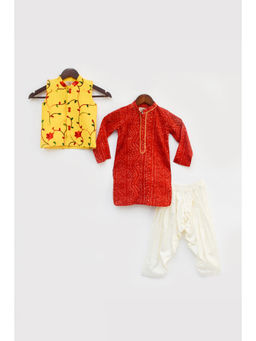 Fayon Kids - Red Bandhej Kurta with Yellow Embroidery Jacket and Salwar (Set of 3)