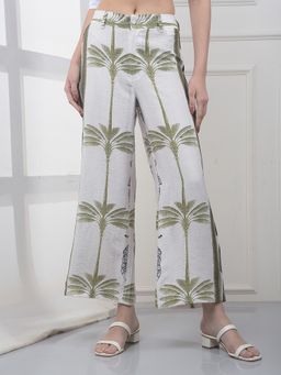CRIMSOUNE CLUB - Women Green Floral Print Wide Leg Casual Palazzo