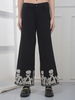 CRIMSOUNE CLUB - Women Black Embroidered Wide Leg Casual Palazzo