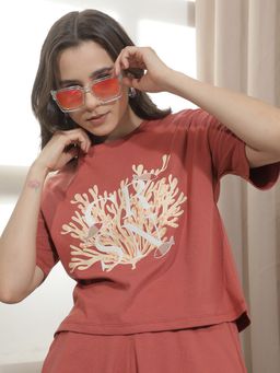 CRIMSOUNE CLUB - Women Red Graphic Printed Oversize T-Shirt