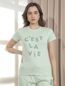 CRIMSOUNE CLUB - Women Green Typographic Printed T-Shirt