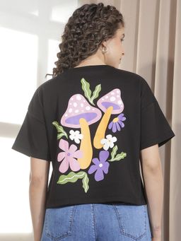 CRIMSOUNE CLUB - Women Black Typographic Printed Crop Oversize T-Shirt