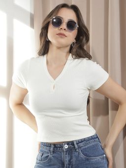 CRIMSOUNE CLUB - Women Off White Modal Crop T-Shirt