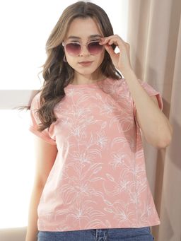 CRIMSOUNE CLUB - Women Peach Floral Printed T-Shirt