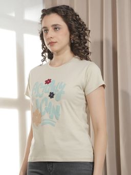 CRIMSOUNE CLUB - Women Beige Typographic Embroidery T-Shirt