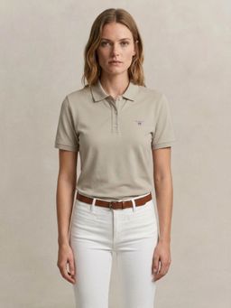 GANT - Women Pure Cotton Beige Contrast Polo T-Shirt