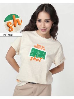 Bewakoof - Women Beige Goals Graphic Printed Boyfriend T-shirt
