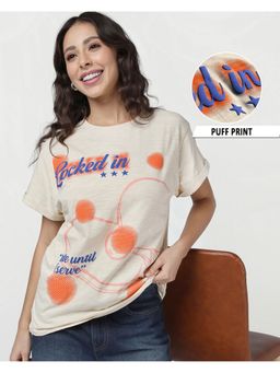 Bewakoof - Women Beige Locked In Graphic Printed Boyfriend T-shirt