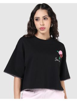 Bewakoof - Women Black Embroidered Oversized Short Top