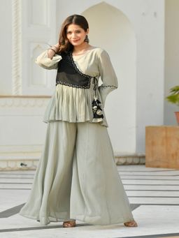 Mulmul - Eva Sage Grey Gathered Top-Palazzo (Set of 2)