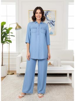 Aurelia - Women's Blue Solid Lyocell Straight Co-Ord Set
