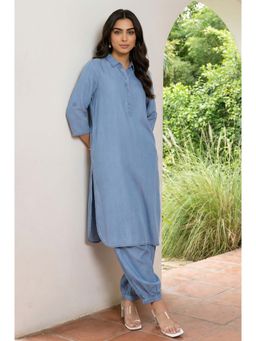 Aurelia - Women's Blue Solid Lyocell Straight Co-Ord Set