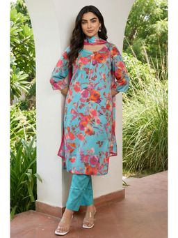 Aurelia - Women's Teal Floral Printed Straight Co-Ord Set Kurta With Pant & Dupatta