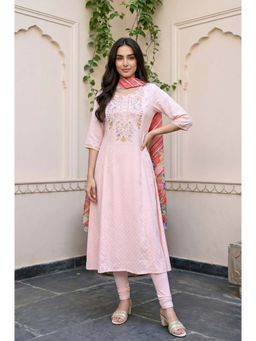 Aurelia - Women's Pink Embroidered Buti Shantung Anarkali Kurta With Churidar & Dupatta