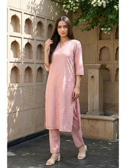 Aurelia - Women's Pink Yarn Dyed Foil Printed Polka Dots Chanderi Straight Co-Ord Set