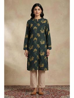 Folksong - Women's Green Botanical Printed Beadwork Pure Cotton Straight Kurta
