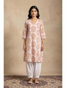 Folksong - Women's White Floral Printed Pure Cotton Straight Kurta