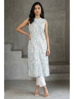 Folksong - Women's Blue Floral Printed Pure Cotton Straight Kurta