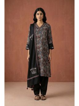 Folksong - Women's Black Block Printed Floral Satin Straight Kurta With Salwar & Dupatta