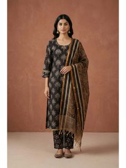 Folksong - Women's Black Block Printed Pure Cotton Straight Kurta With Pant & Dupatta
