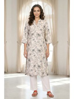 W - Off-White Floral Printed Straight Kurta