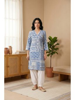 W - Blue Ethnic Motifs Printed Straight Kurta