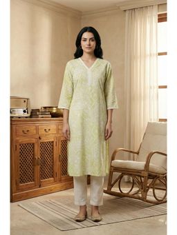 W - Lime Green Lace Floral Printed Pure Cotton Straight Kurta