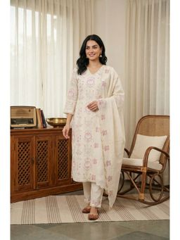 W - Off White Chikankari Pure Cotton Straight Kurta With Pant & Dupatta