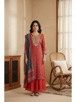W - Red Zari Embroidered Paisley Printed Chanderi Kurta With Sharara & Dupatta