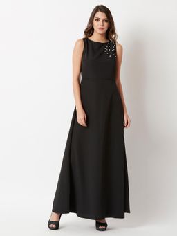 Miss Chase - Womens Black Round Neck Solid Lace and Pearl Detailing A-line Maxi Dress