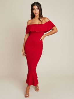 Styli - Burgundy Off Shoulder Bodycon Maxi Dress