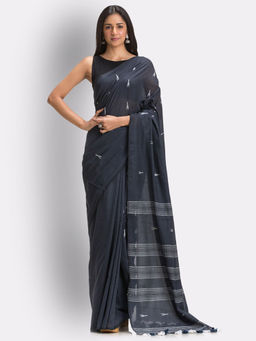 Angoshobha - Grey Handloom Molmol Cotton Jamdani Saree with Unstitched Blouse