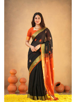 Sutisancha - Heritage Threads Artisan Cotton Black Saree with Unstitched Blouse