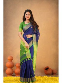 Sutisancha - Heritage Threads Artisan Cotton Blue Saree with Unstitched Blouse