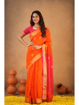 Sutisancha - Heritage Threads Artisan Cotton Orange Saree with Unstitched Blouse