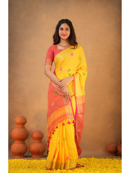 Sutisancha - Heritage Threads Artisan Cotton Yellow Saree with Unstitched Blouse
