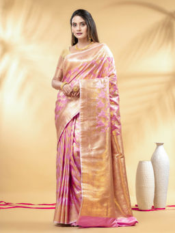 CHARUKRITI - Pink Katan Banarasi Silk with Floral Zari Weaving Saree with Unstitched Blouse