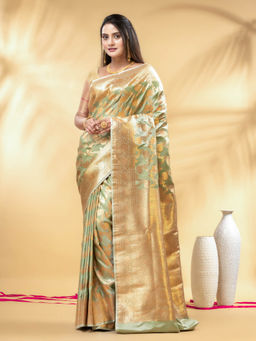 CHARUKRITI - Pistachio Green Katan Banarasi Silk with Floral Zari Saree with Unstitched Blouse