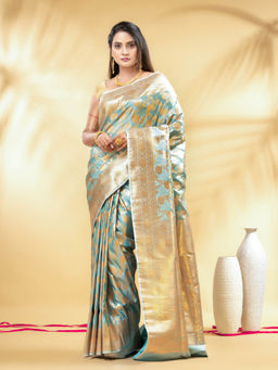CHARUKRITI - Turquoise Katan Banarasi Silk with Floral Zari Weaving Saree with Unstitched Blouse