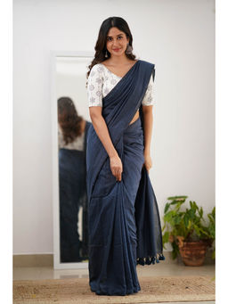 Sutisancha - Blue Cotton Elegance Saree with Unstitched Blouse