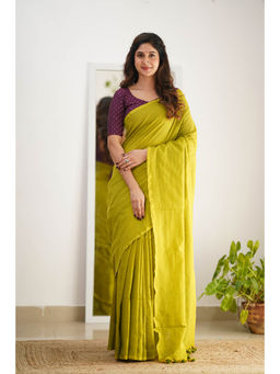 Sutisancha - Lime Cotton Elegance Saree with Unstitched Blouse