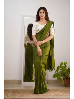 Sutisancha - Mehendi Green Cotton Elegance Saree with Unstitched Blouse