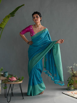 Suta - Turquoise Woven Design Pure Cotton Saree without Blouse Piece