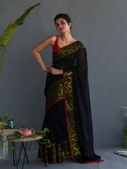 Suta - Black Woven Design Pure Cotton Saree without Blouse Piece