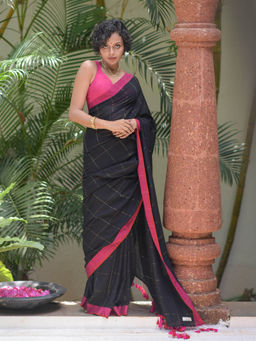 Suta - Black Cotton Slob Checked Saree without Blouse Piece
