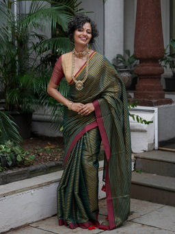 Suta - Green Cotton Blend Striped Zari Saree without Blouse Piece