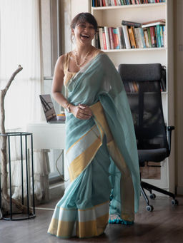 Suta - Teal Color Cotton Solid Saree without Blouse Piece