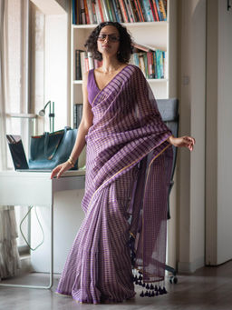Suta - Purple Color Cotton Checks Saree without Blouse Piece