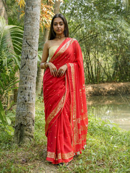 Suta - Red Color Cotton Saree without Blouse Piece