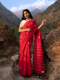 Suta - Red Cotton Saree without Blouse Piece